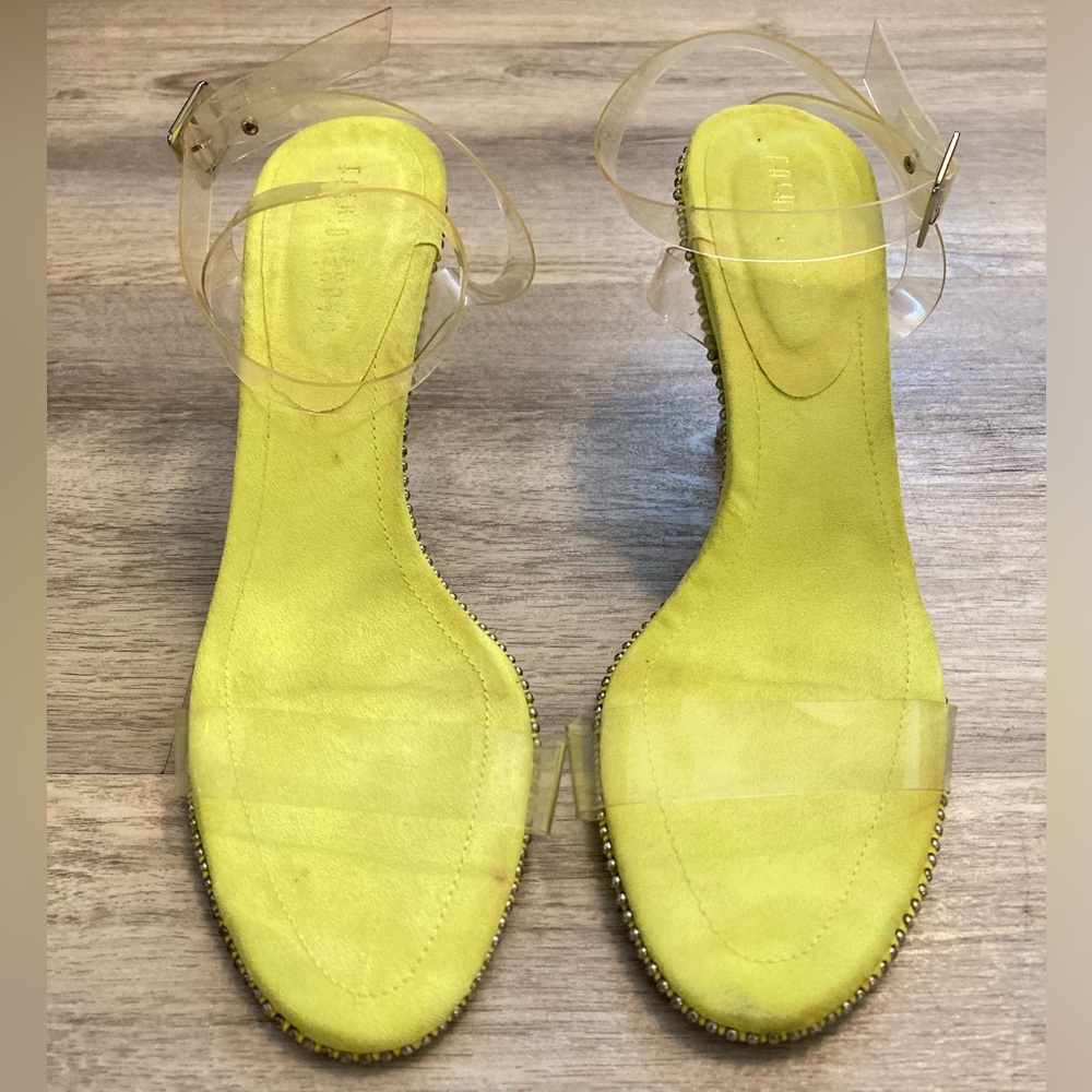 Fashion Nova Neon Yellow Green Heels Silver Studs Clear Adjustable Straps 8.5 - Picture 6 of 16